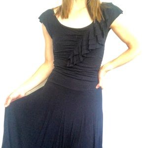 Anthro deep navy stretch knit ruffle dress